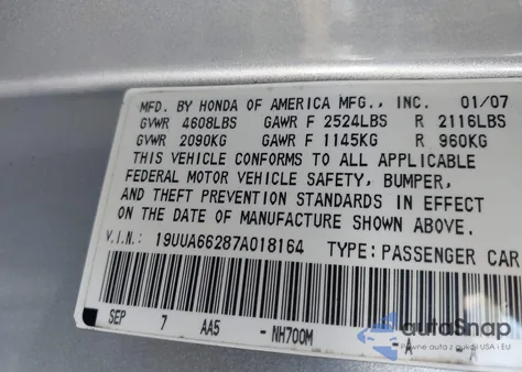 2007 Acura Tl 3.2 from USA, damaged, VIN 19UUA66287A018164